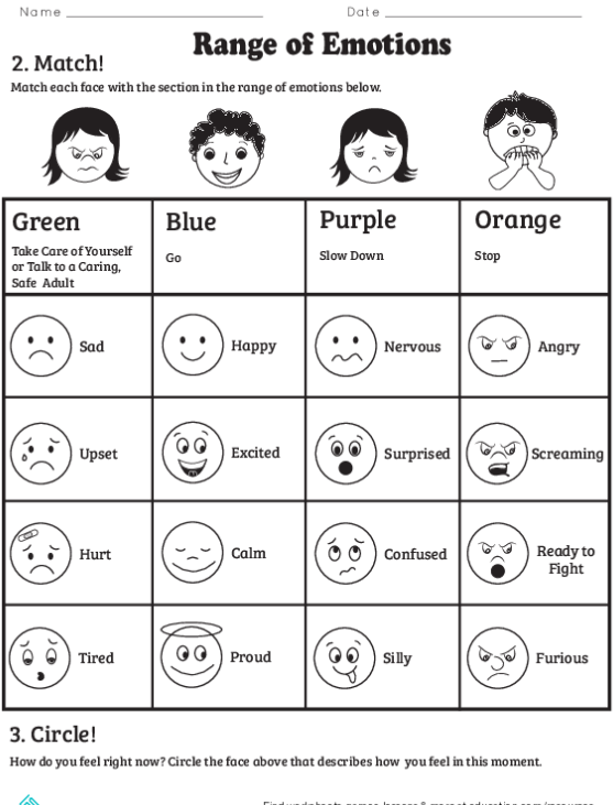 Colorful Range of Emotions worksheet for kindergarten students, illustrating various feelings. Engaging resource for teaching emotional recognition and mindfulness in young learners.