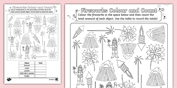 Colorful fireworks lighting up the night sky alongside children reviewing their History of Fireworks worksheet