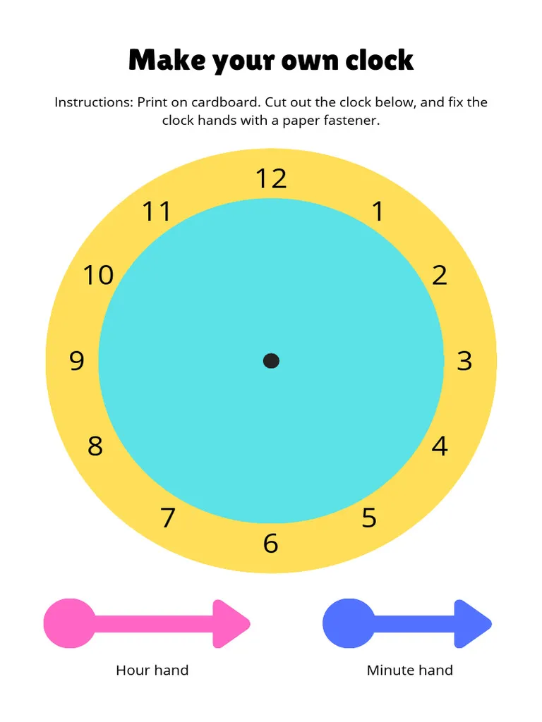 Engaging activity for children to create and personalize their own clock. Colorful clock worksheet for first graders to enhance their reading skills.