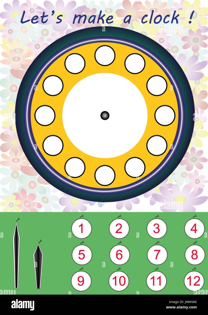Reading worksheet for First Grade Colorful Make a Clock worksheet for first graders to engage in learning about time. Fun educational activity for children to design and color their own clock.
