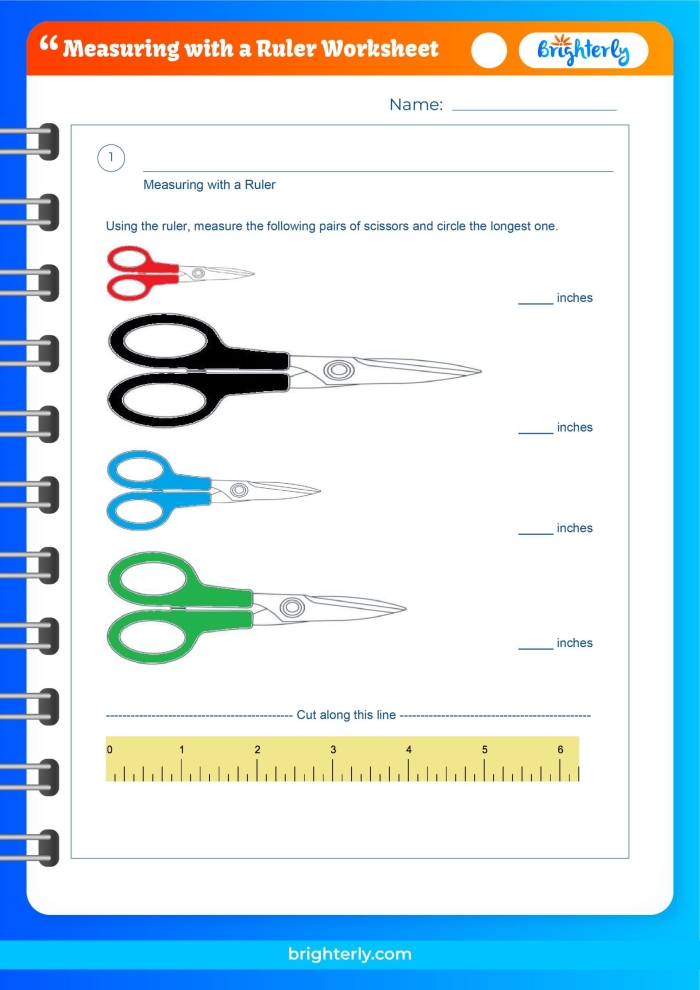 Colorful worksheet for first graders measuring lengths with a ruler