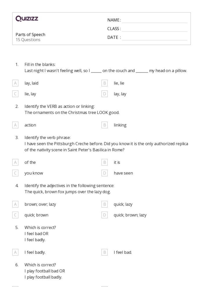 Colorful Parts of Speech Quiz worksheet for first graders to enhance their learning. Engaging quiz format to help young learners prepare for standardized tests.