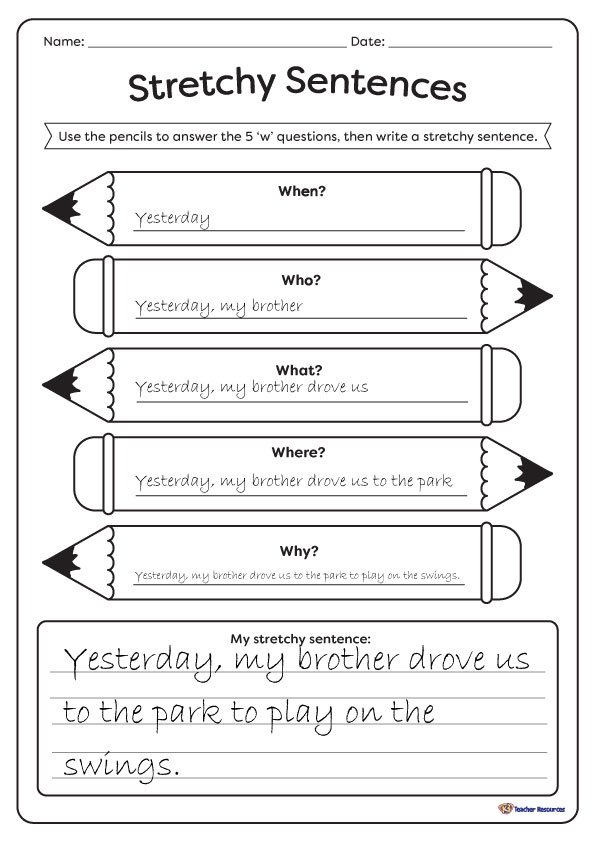 Colorful Stretching Sentences worksheet for first graders focusing on grammar skills