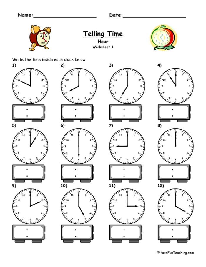 Colorful worksheet for first graders to practice telling time to the hour on an analog clock