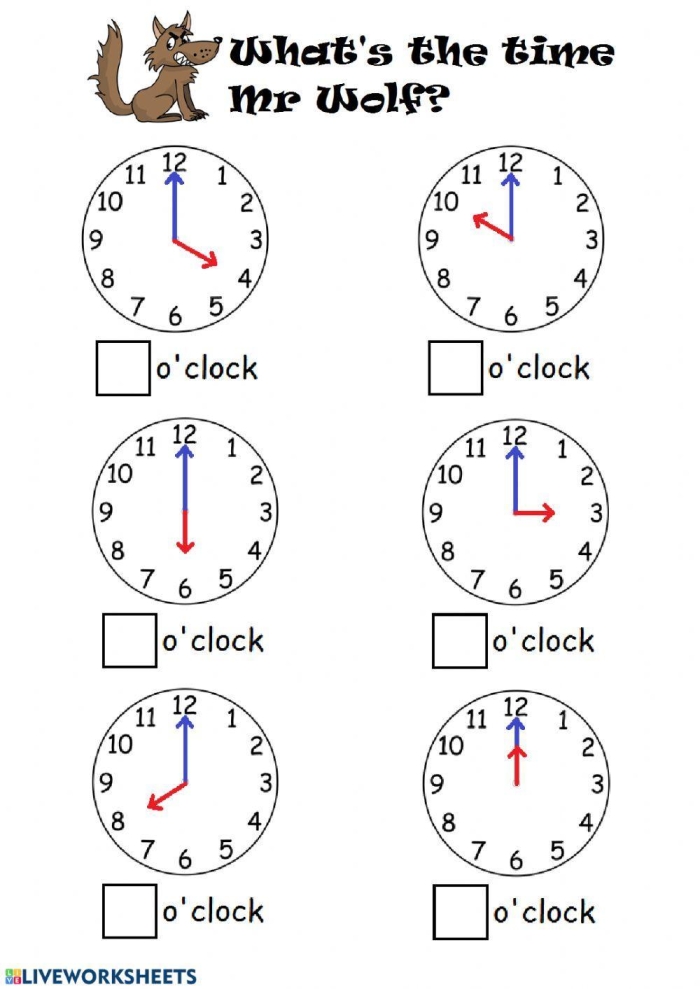 Colorful worksheet for first graders to practice telling time to the hour on an analog clock