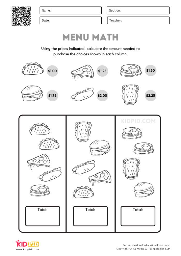 Fractions worksheet for Fourth Grade Colorful Food Math worksheet for fourth graders focusing on fractions and nutrition concepts. Engaging activity for mastering conversions and decimals in a fun way.