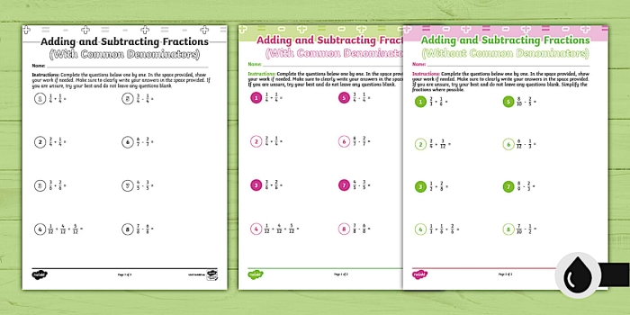 Colorful worksheet for fourth graders focusing on adding and subtracting fractions. Engaging fraction addition and subtraction practice for 4th grade students.