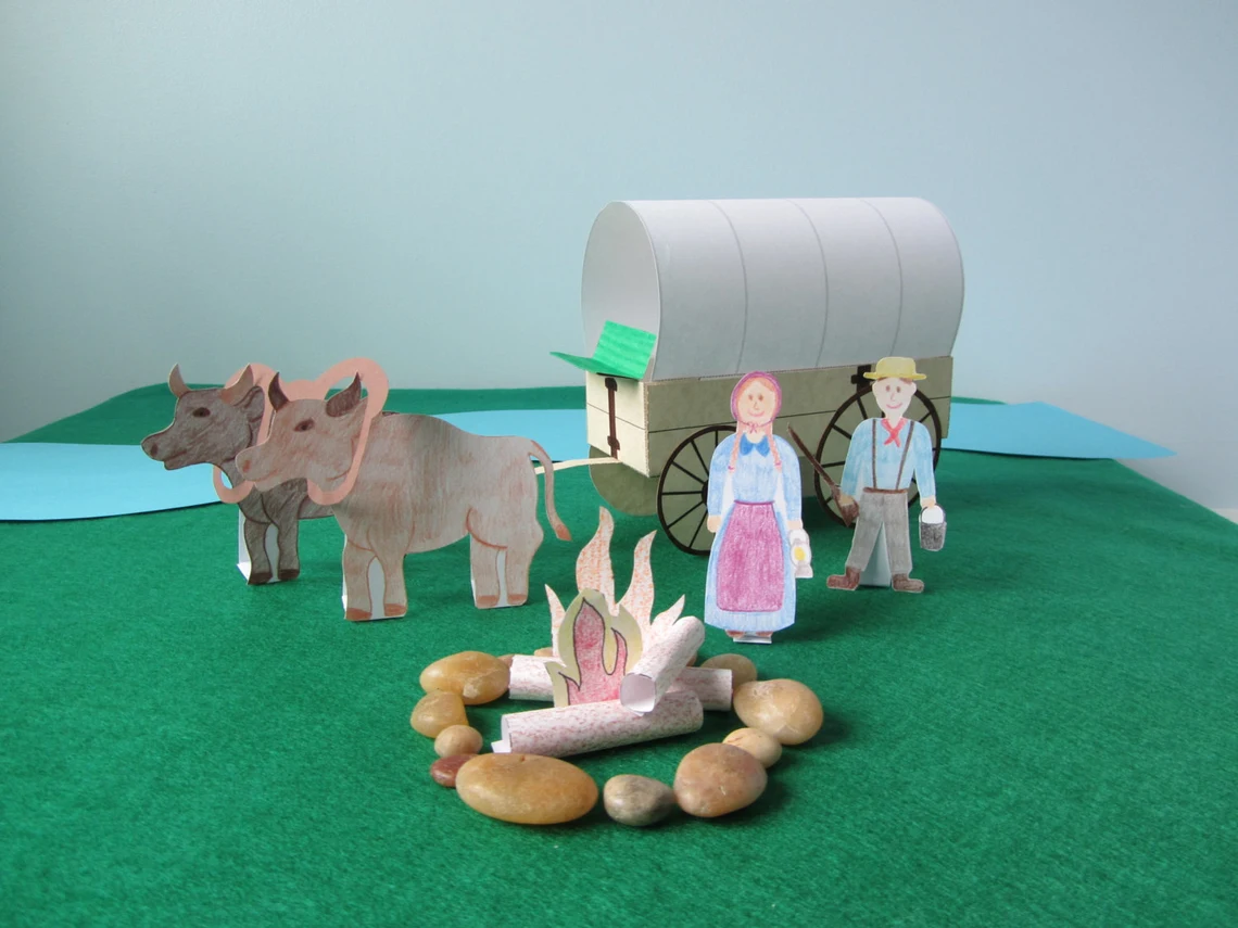 Geometry worksheet for Second Grade Colorful worksheet for creating a paper covered wagon, designed for second graders to enhance geometry skills. Make a Covered Wagon! printable project for young explorers to color and assemble.