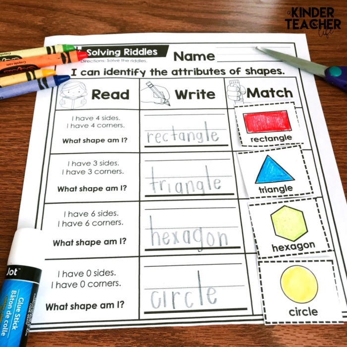 Colorful Shape Riddles worksheet featuring various geometric figures for second graders
