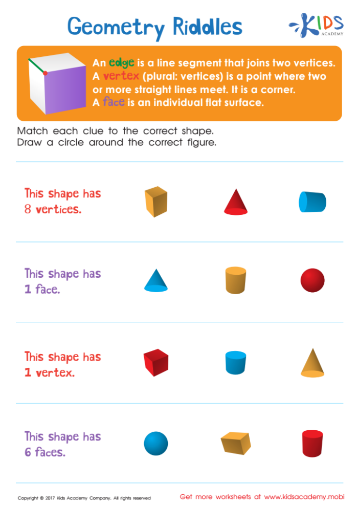 Colorful Shape Riddles worksheet for second graders to learn about geometric shapes