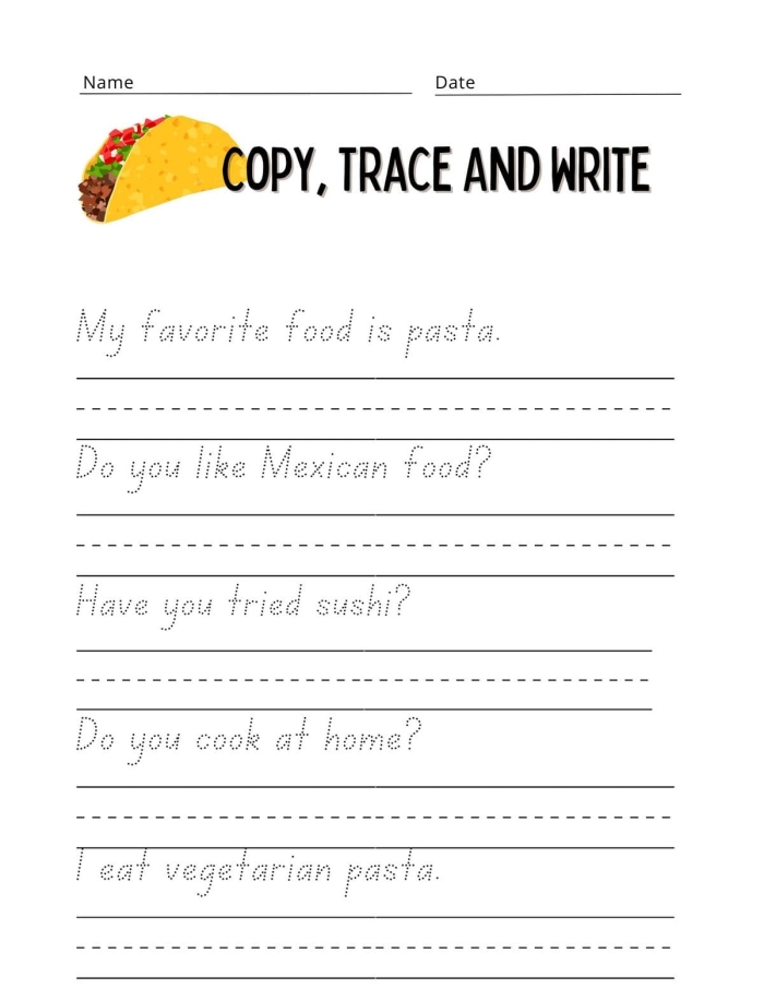 Colorful food-themed worksheet for kindergarteners to practice handwriting with division concepts