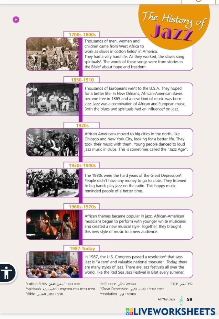A colorful worksheet for fourth graders about the history of jazz music and its cultural significance. Engaging worksheet celebrating the birth of jazz for Black History Month.