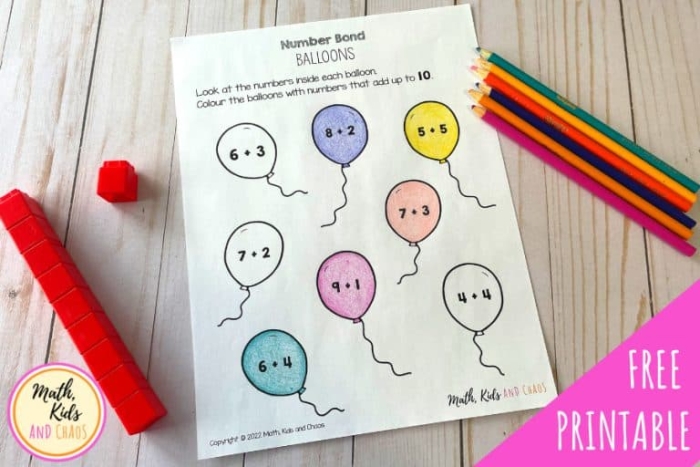 Colorful worksheet featuring balloons for teaching addition up to 10 in kindergarten