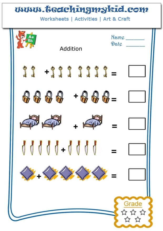 Colorful addition worksheet for kindergarten students featuring balloons and cupcakes to solve problems within 10