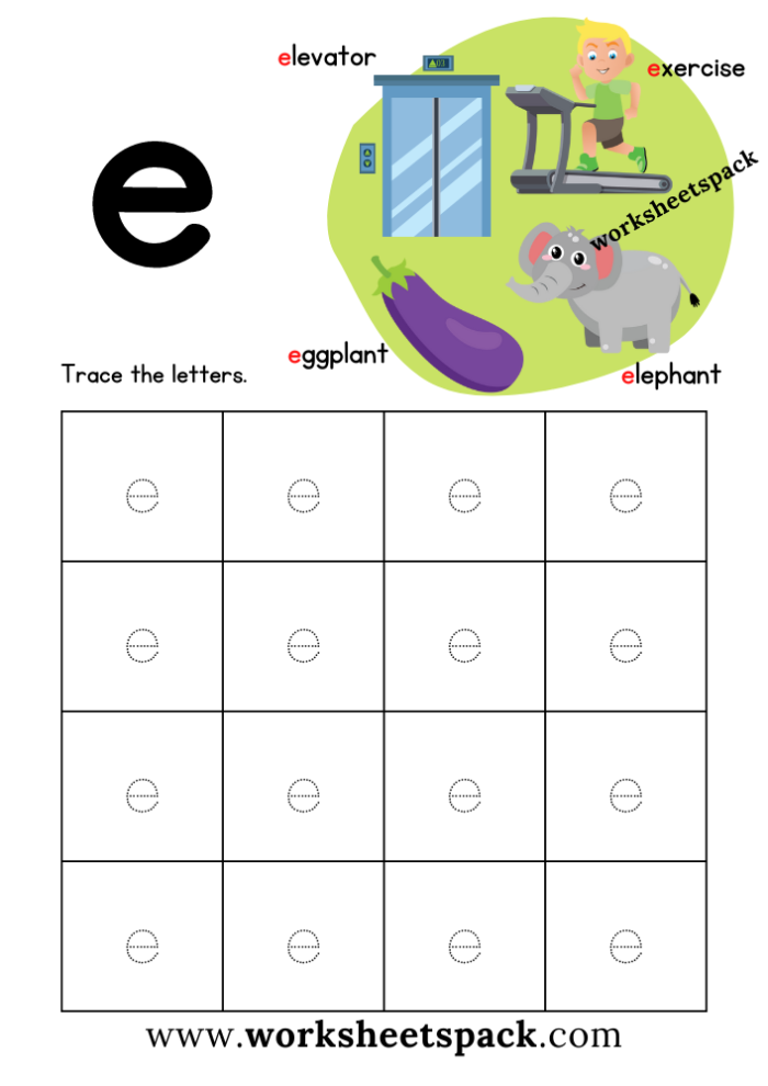 Colorful worksheet focusing on the letter E for preschool reading skills