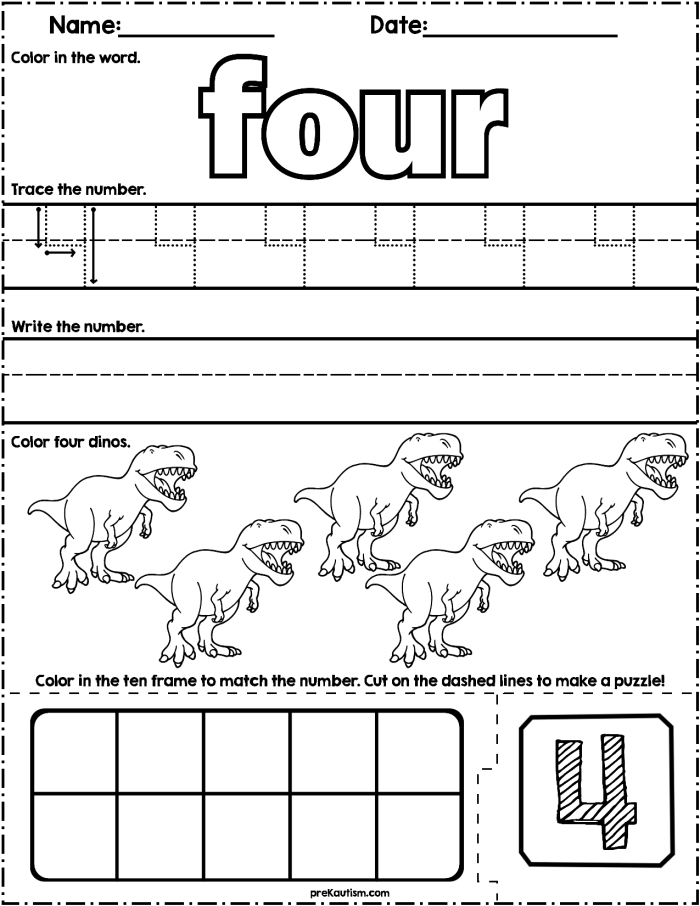 Reading worksheet for Pre-K A colorful Counting Dinosaurs worksheet designed for Pre-K learners to practice counting. Engaging prehistoric-themed activity for young students to learn two-digit numbers.