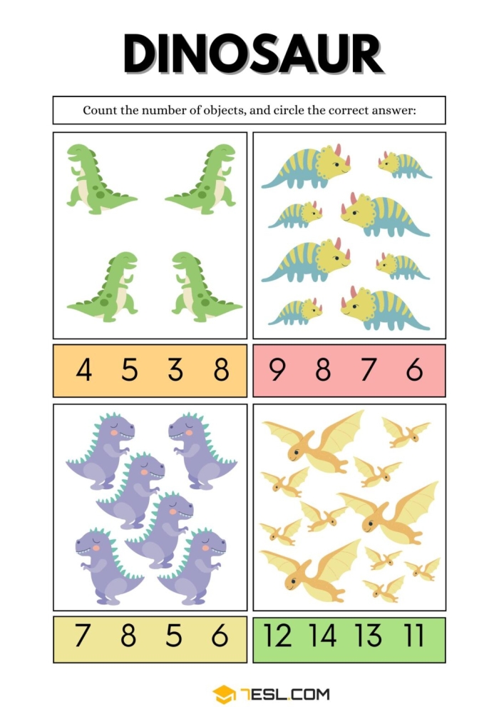 Worksheet to practice counting two-digit numbers with fun dinosaur images Colorful Counting Dinosaurs worksheet for Pre-K students featuring various dinosaur illustrations