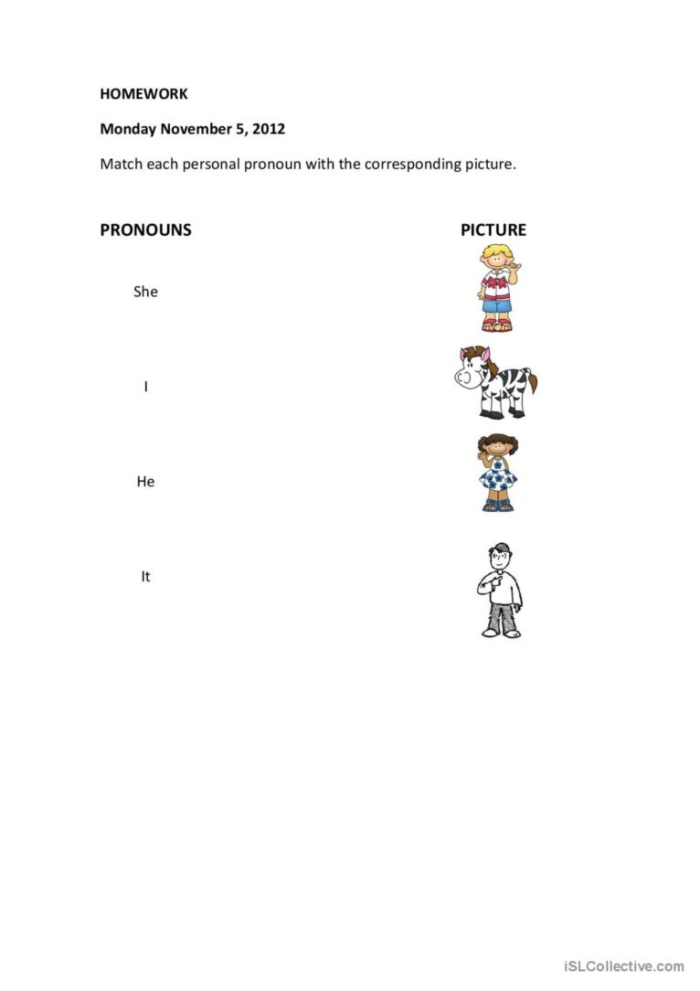 Engaging worksheet to assess pronoun usage in young learners Colorful pronoun matching assessment worksheet for Pre-K students