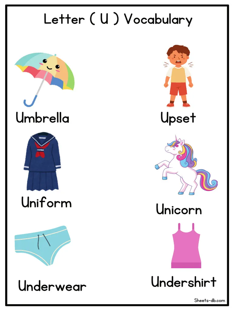 Grammar and Mechanics worksheet for Pre-K Colorful U Is For... worksheet for preschoolers to learn the letter U sounds while having fun. Engaging alphabet activity for Pre-K children featuring the letter U.