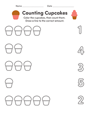Colorful Counting Cupcakes worksheet for Pre-K learners to practice addition