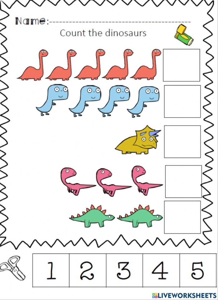 Engaging dinosaur-themed counting activity for young readers Colorful Counting Dinosaurs worksheet for Pre-K learners to practice two-digit numbers