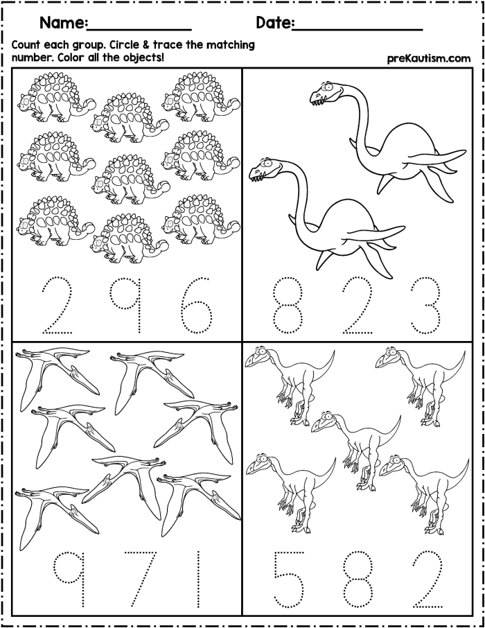 Engaging activity featuring various dinosaurs to aid in counting practice Colorful Counting Dinosaurs worksheet for Pre-K learners focusing on two-digit numbers