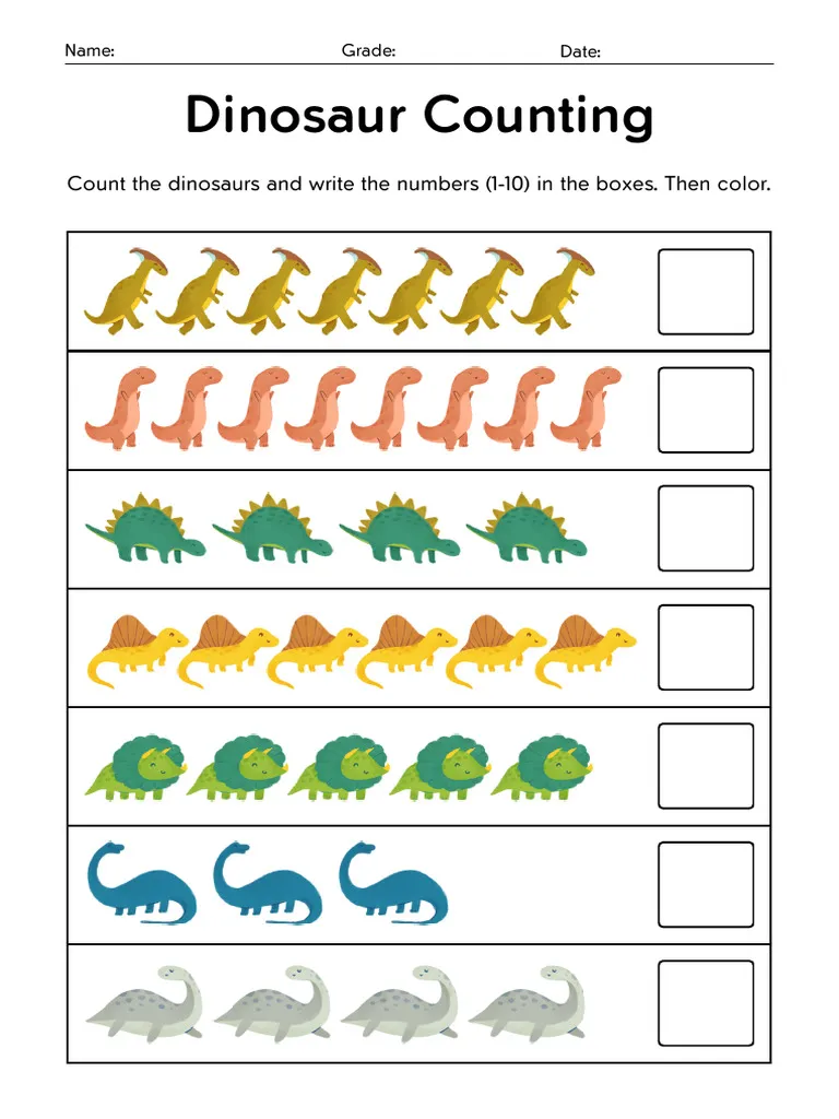 Engaging image of a dinosaur counting activity for young readers Colorful Counting Dinosaurs worksheet for Pre-K learners to practice numbers