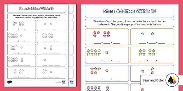 Engaging starlight-themed addition practice for Pre-K students Colorful Superstar Addition worksheet for preschoolers to practice single-digit addition