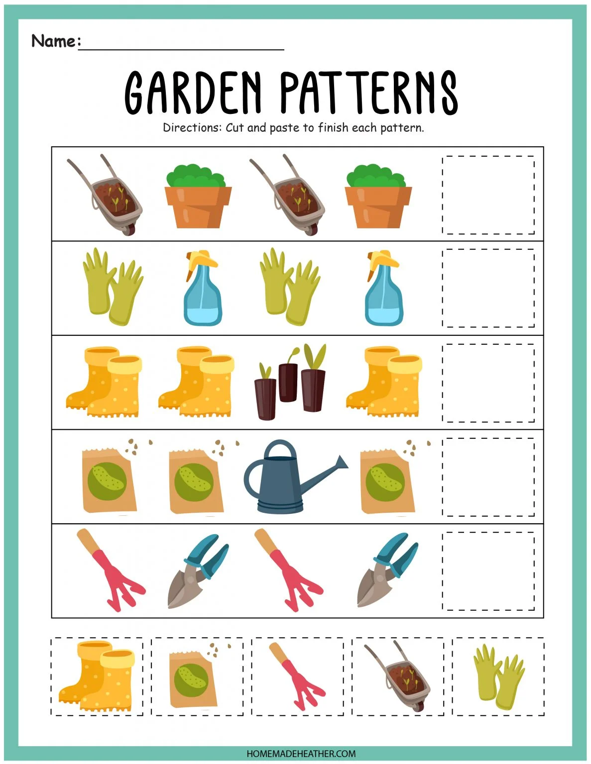 Colorful worksheet for planting a vegetable garden with cut-out veggies for kids