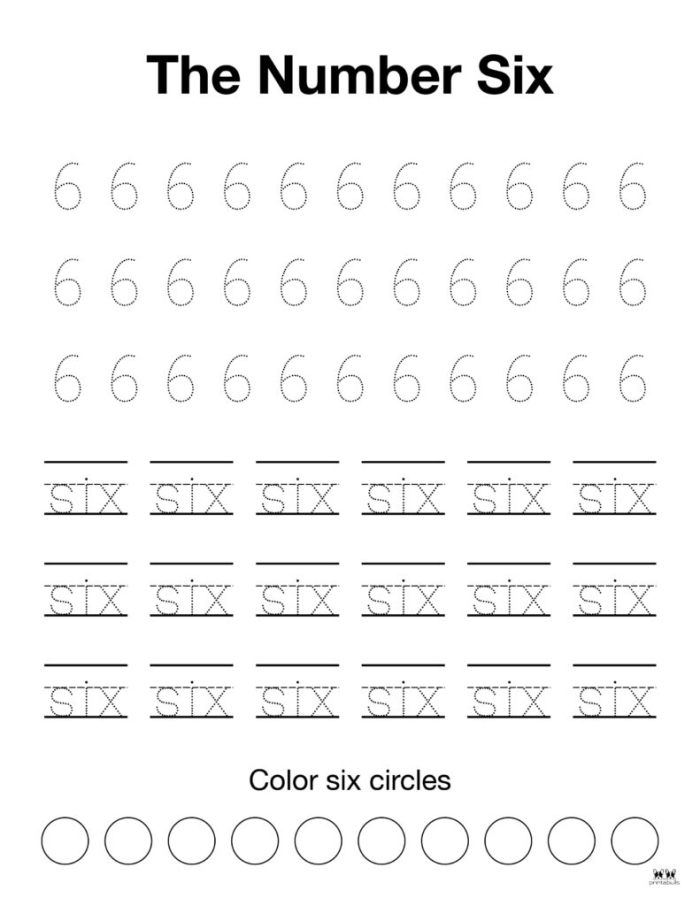 Colorful worksheet designed for Pre-K children to learn about the number 6