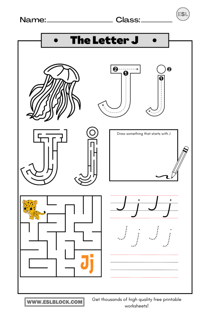Colorful worksheet featuring activities focused on the letter J for preschoolers