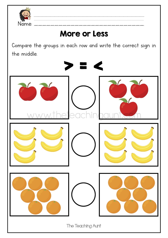 Colorful More or Less Shapes worksheet for preschoolers featuring counting and shape recognition