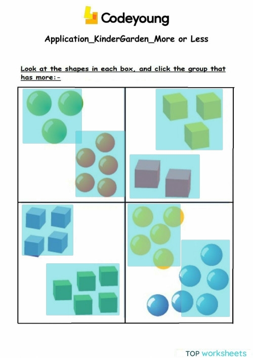 Colorful More or Less Shapes worksheet for preschoolers focusing on counting and shape recognition