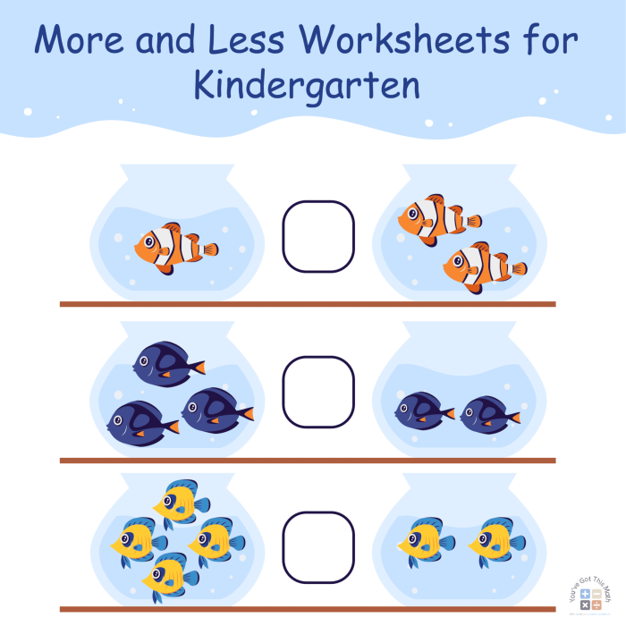 Colorful More or Less Shapes worksheet for preschool math practice