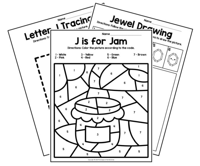 Colorful worksheet featuring activities about the letter J for preschoolers
