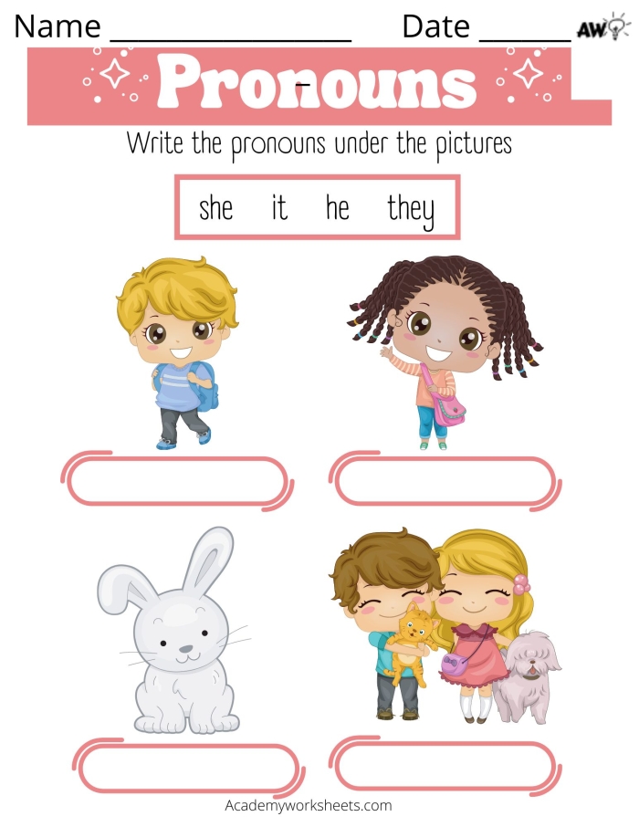 Grammar and Mechanics worksheet for Pre-K Colorful pronoun matching assessment worksheet for Pre-K students showcasing various pronouns. Engaging worksheet designed to help young learners improve their pronoun usage skills.