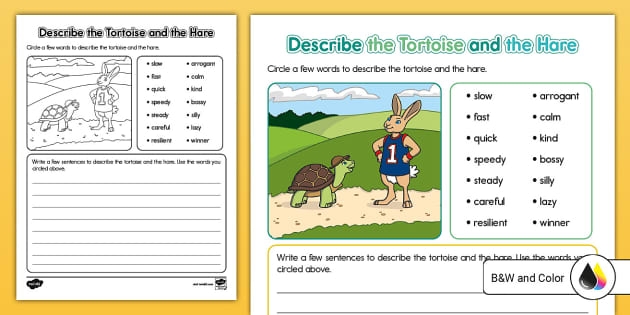 Colorful puppet templates for the Hare and the Tortoise story worksheet