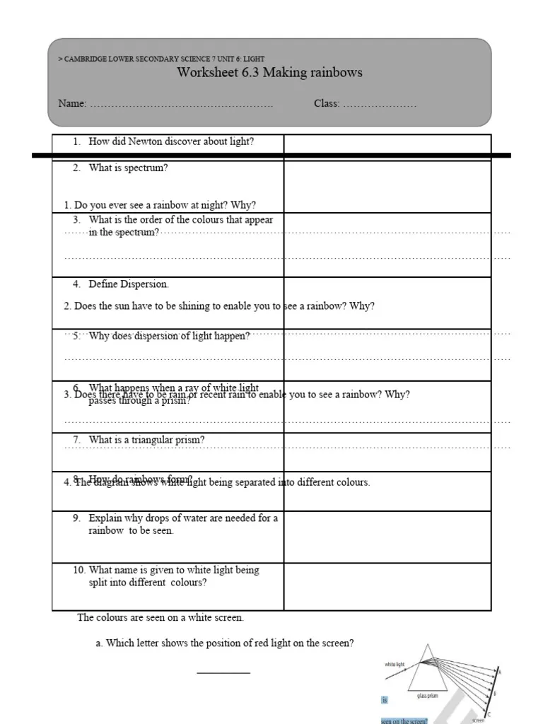 Colorful science worksheet illustrating the formation of rainbows through light and water for second graders