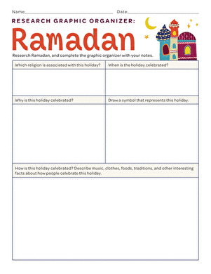 Colorful Ramadan research graphic organizer for fourth graders to record their findings. Festive worksheet template for exploring Ramadan traditions and customs.