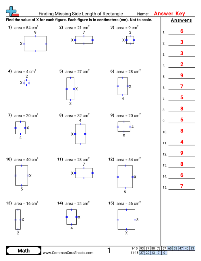 Interactive Level 2 worksheet for calculating rectangle areas in a fun way Colorful geometry worksheet for fourth graders to find the area of seven different rectangles