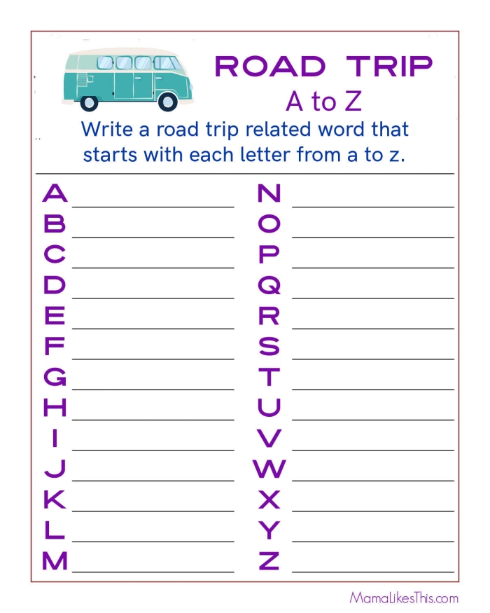 Interactive math challenges for addition, division, and logical reasoning skills Colorful road trip worksheet featuring word problems for fourth graders