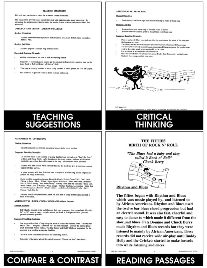 A colorful worksheet exploring the history of rock 'n' roll music for fourth graders. Educational resource celebrating African-American contributions to pop music during Black History Month.
