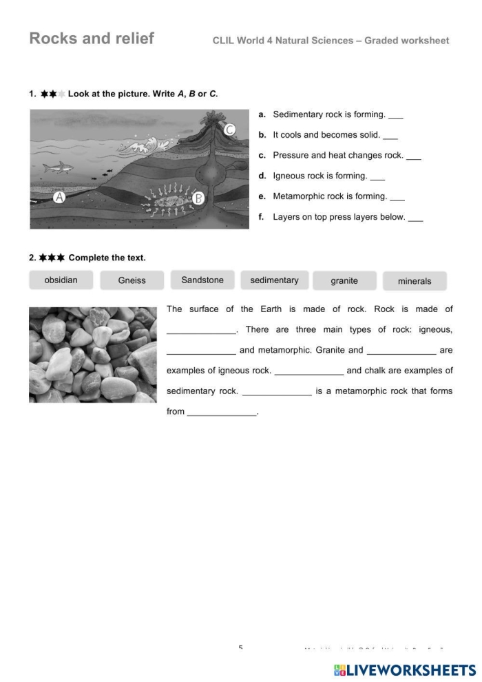 Introduction to various rock types for third grade students A colorful worksheet for third graders on classifying different types of rocks