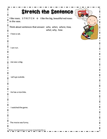 Colorful Stretching Sentences worksheet for first graders focusing on sentence expansion. Engaging prompts to enhance writing skills by adding descriptive details.