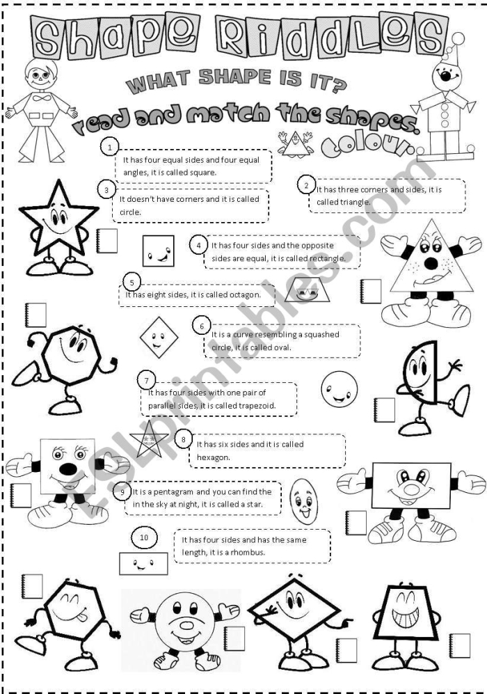 Colorful Shape Riddles worksheet for second graders to enhance shape recognition