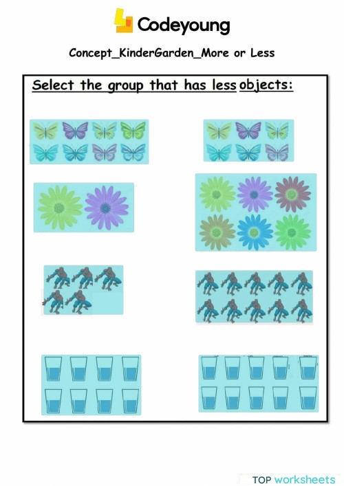 Colorful More or Less Shapes worksheet for preschoolers focusing on counting and shape recognition