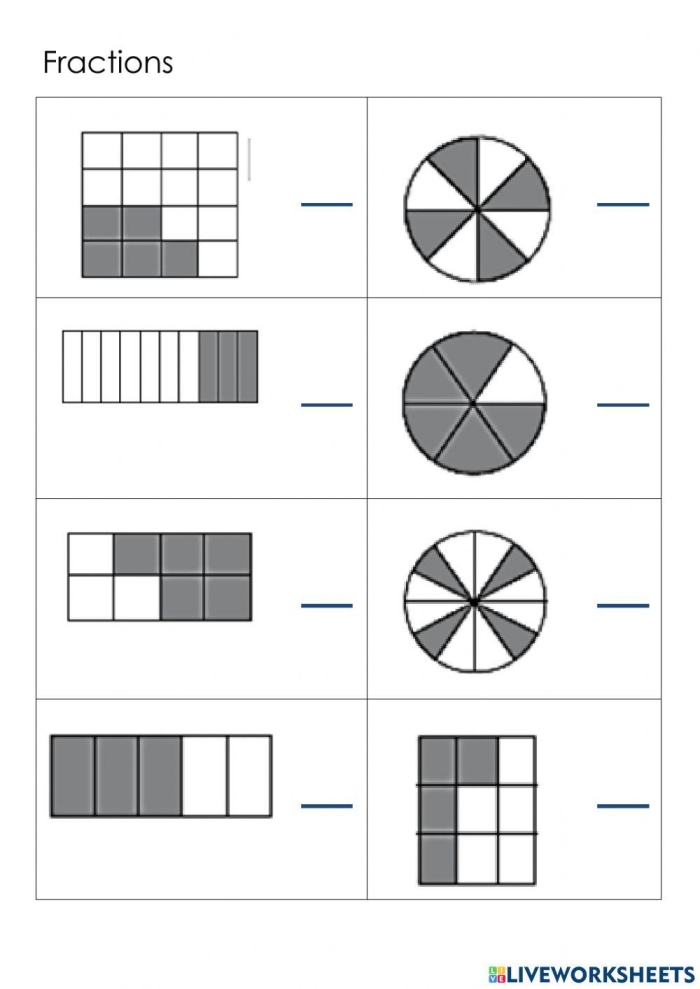 Visual guide for teaching first graders about fractions with colored shapes Colorful shapes illustrating fractions for a 1/4 worksheet aimed at first graders