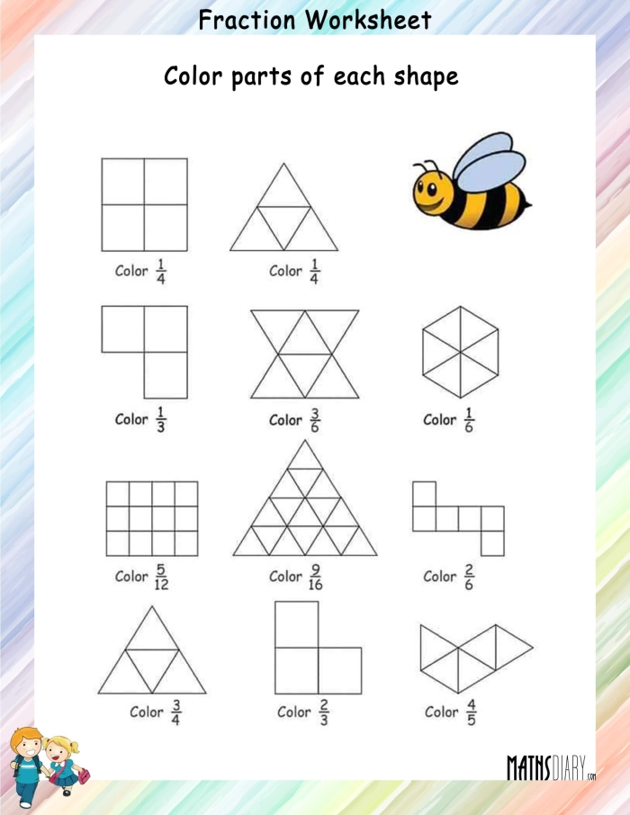 Division worksheet for First Grade Colorful shapes illustrating 1/4 fractions for first graders to practice. Engaging worksheet for learning fractions of shapes.