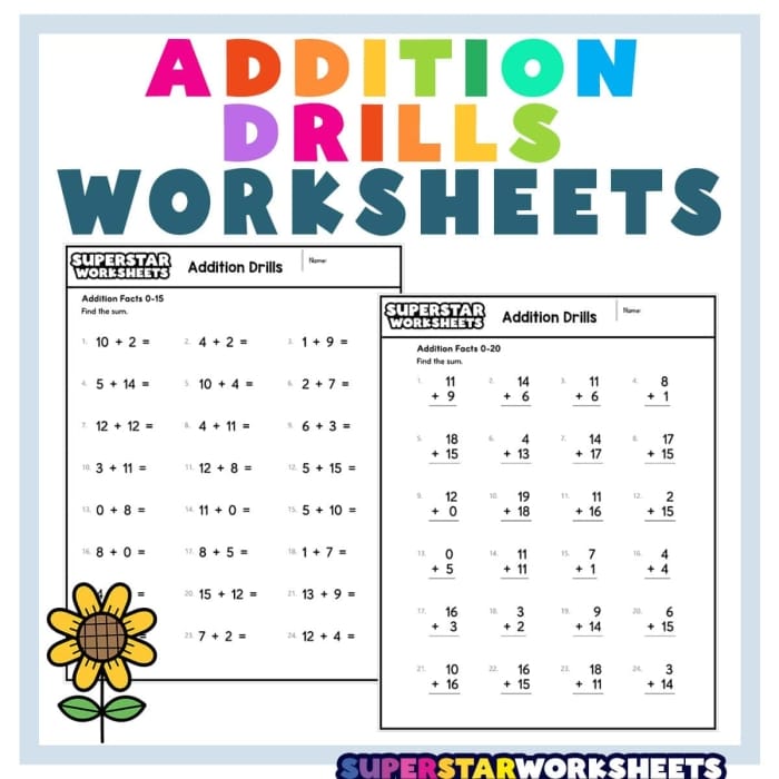 Starlight themed single digit addition practice page sixteen Colorful Superstar Addition worksheet with star-themed math problems for early learners