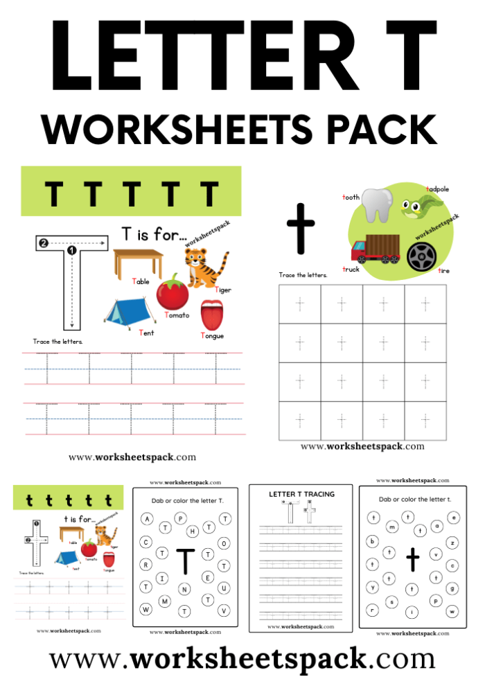 Engaging worksheet for Pre-K students to practice the letter T through fun coloring activities Colorful T Is For... worksheet designed for preschoolers to learn about the letter T and its sounds